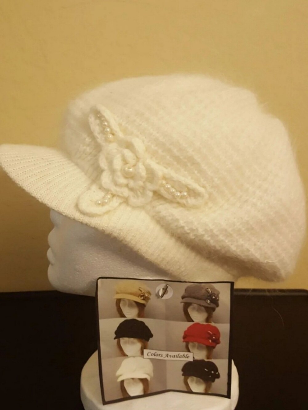 Women's White Wool Knit Visor Hat with Floral Accent One Pc